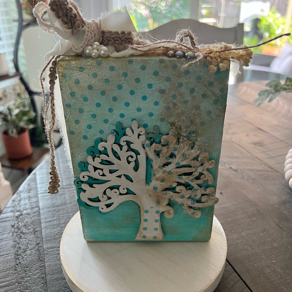 Decorative Tree Art with Polka Dots solid wood piece 5 1/2 x 7 inch